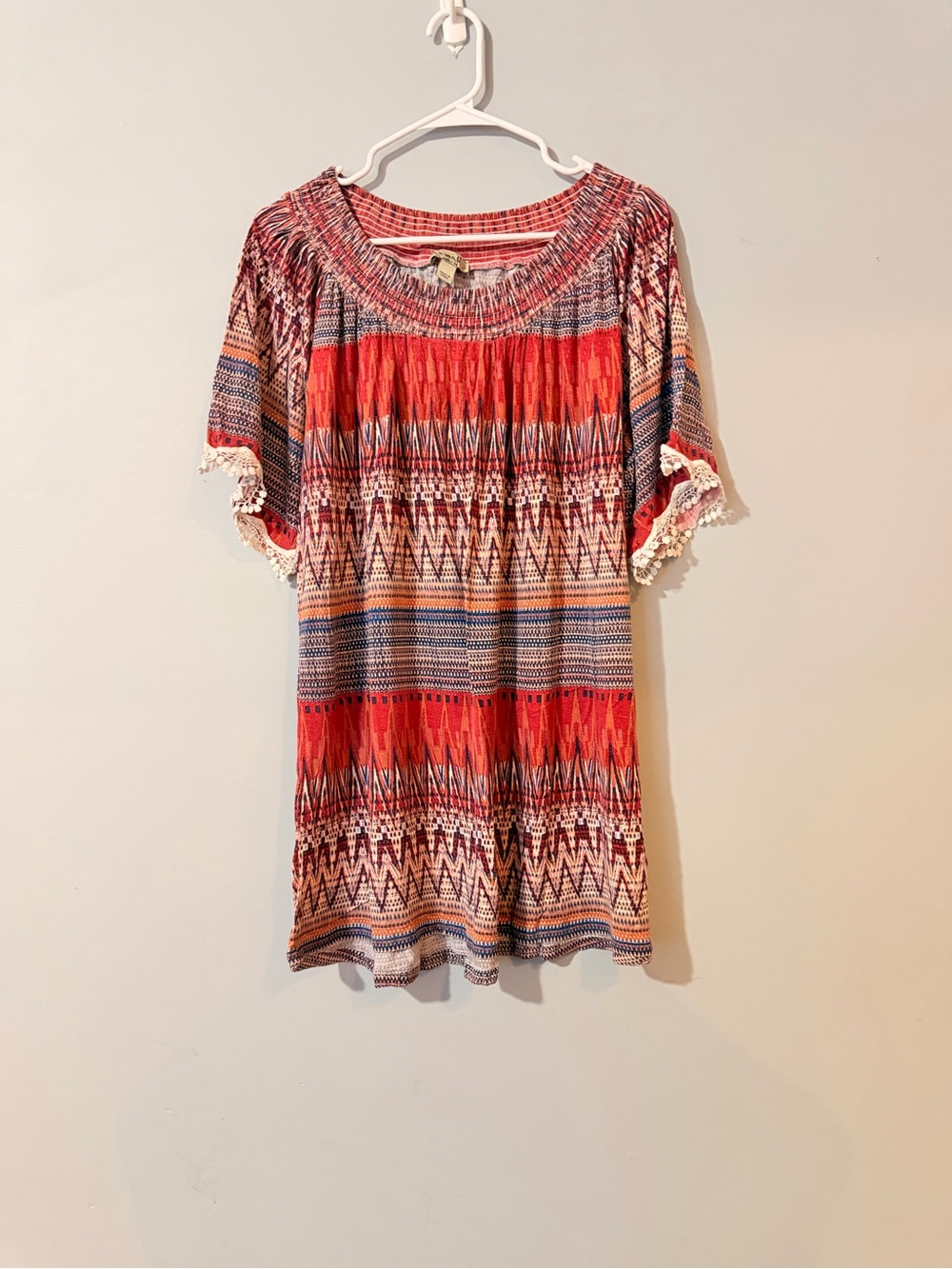 Women's Red Patterned Smocked Neck Tunic shirt